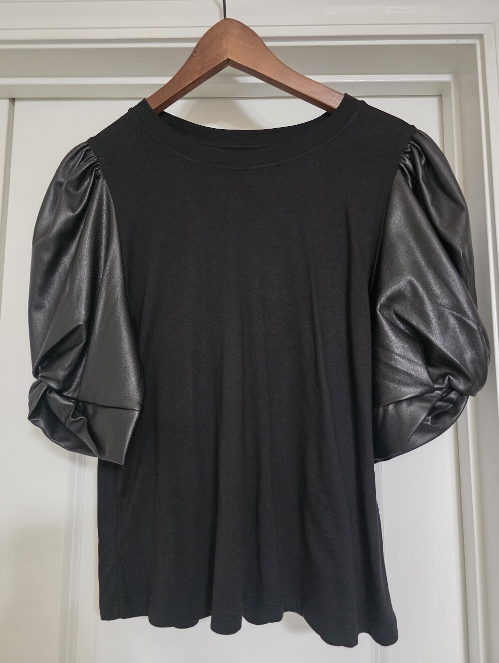 DKNY Black Puff Sleeve Tee with Faux Leather Sleeves
